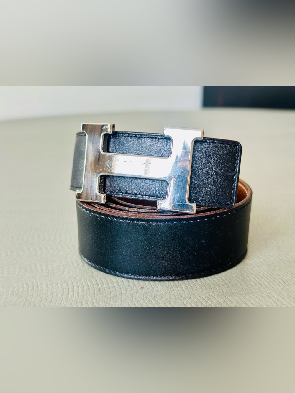 Hermes SILVER Buckle H Belt Black Black Tan Leather Strap 32 mm Width Size 95 Cm - Picture 3 of 16